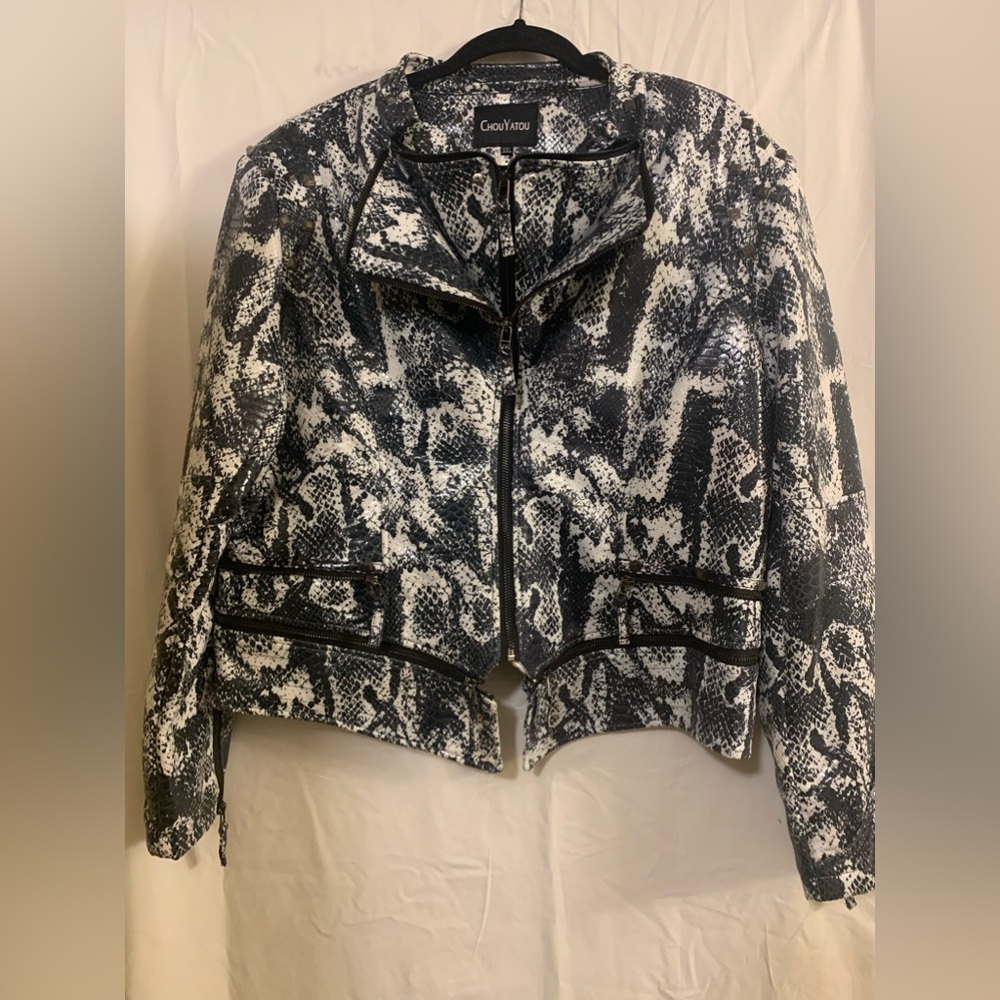 Animal Print Pattern Studded PU Leather Biker Moto Jacket